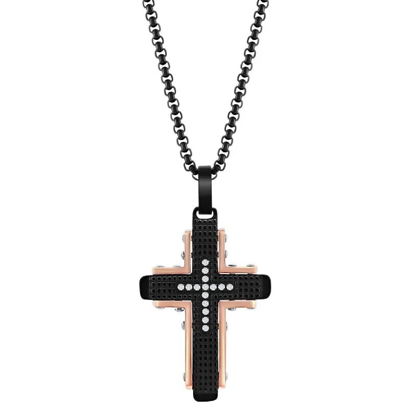 Women's necklaces elegant-token-Metallo Men's Necklace - Black and Rose Stainless Steel CZ Cross Pendant | SL-7105