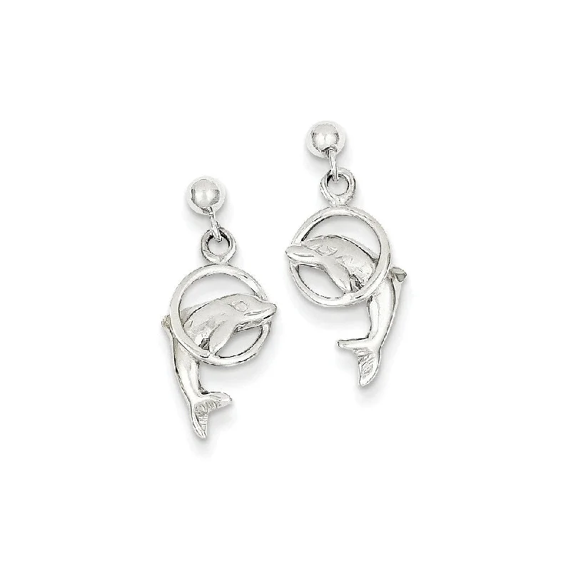 Women's earrings dainty-crystal-Dolphin & Hoop Dangle Post Earrings in 14k White Gold