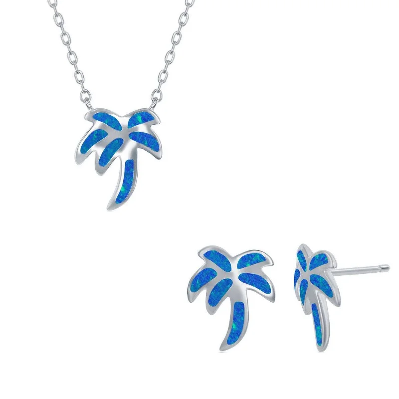 Women's necklaces luxe-platinum-Opalata Women's Necklace and Earrings Set - Sterling Blue Opal Palm Tree | SET-570