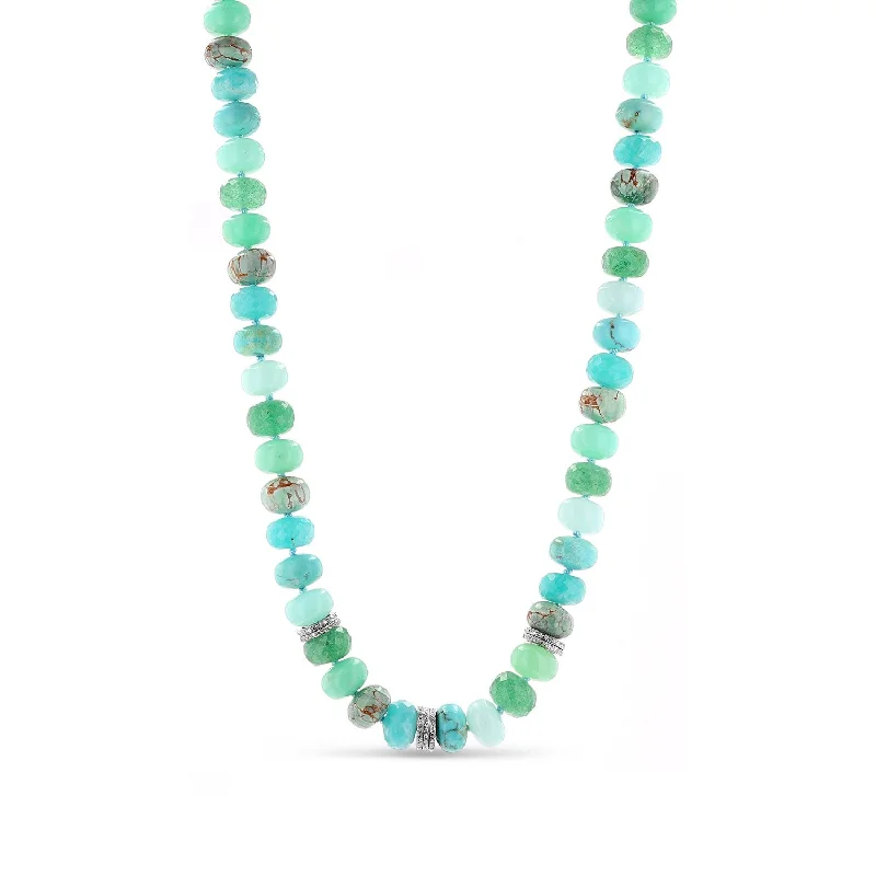 Women's necklaces airy-luxe-Green Mix Beaded Necklace with 7 Pave Diamond Rondelles - 16"  N0002927