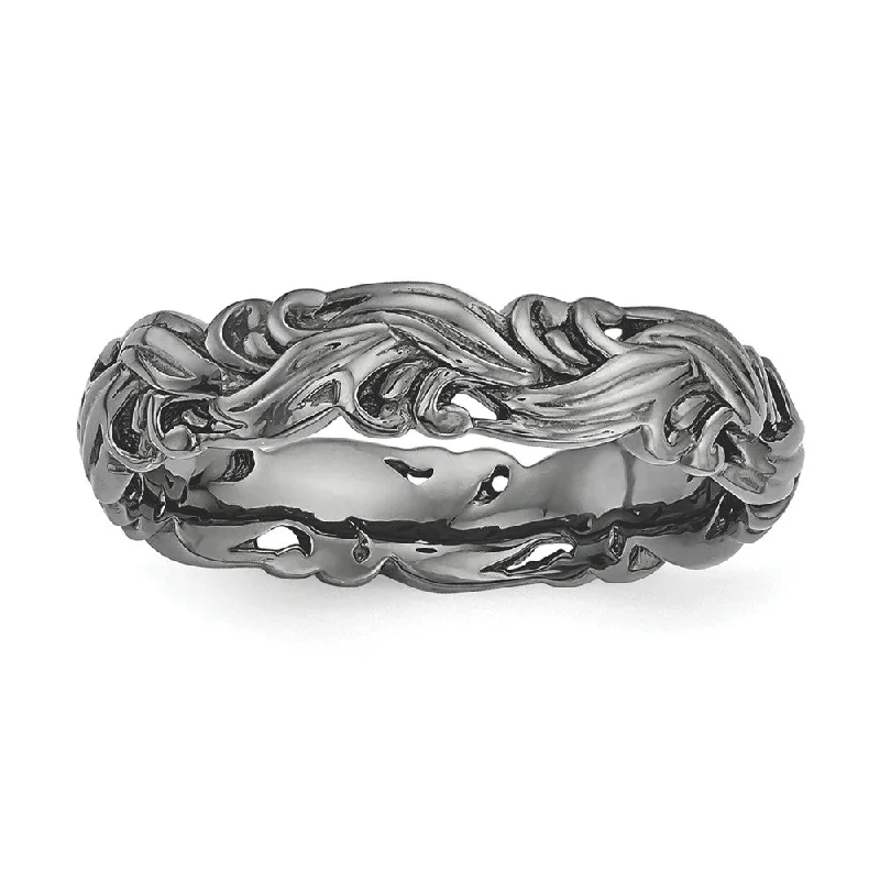 Women's rings airy-style-4.5mm Black Plated Sterling Silver Stackable Carved Band