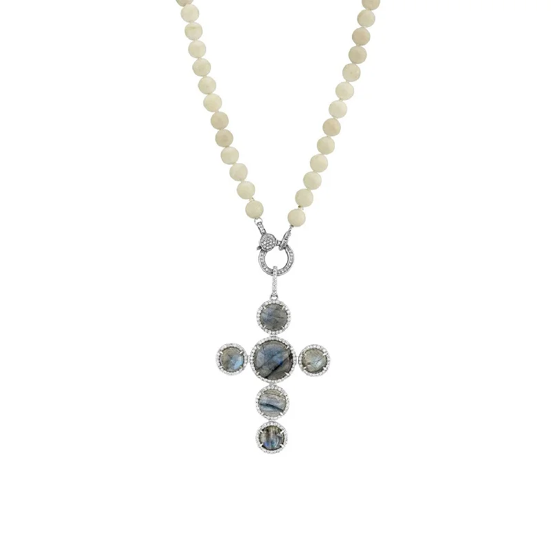 Women's necklaces luxe-platinum-White Coral Knotted Necklace With Cross Pendant  N0001743