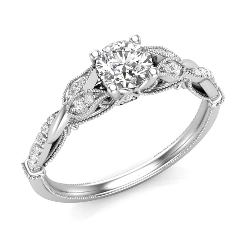 Women's engagement rings subtle-luxe-Petite Floral Diamond Engagement Ring 14 KT White Gold .75 Carat Total Weight With 2/3 ct Diamond Center