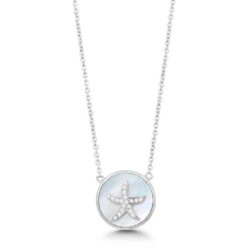 Women's necklaces radiant-charm-Sterling Silver Round MOP CZ Starfish Necklace