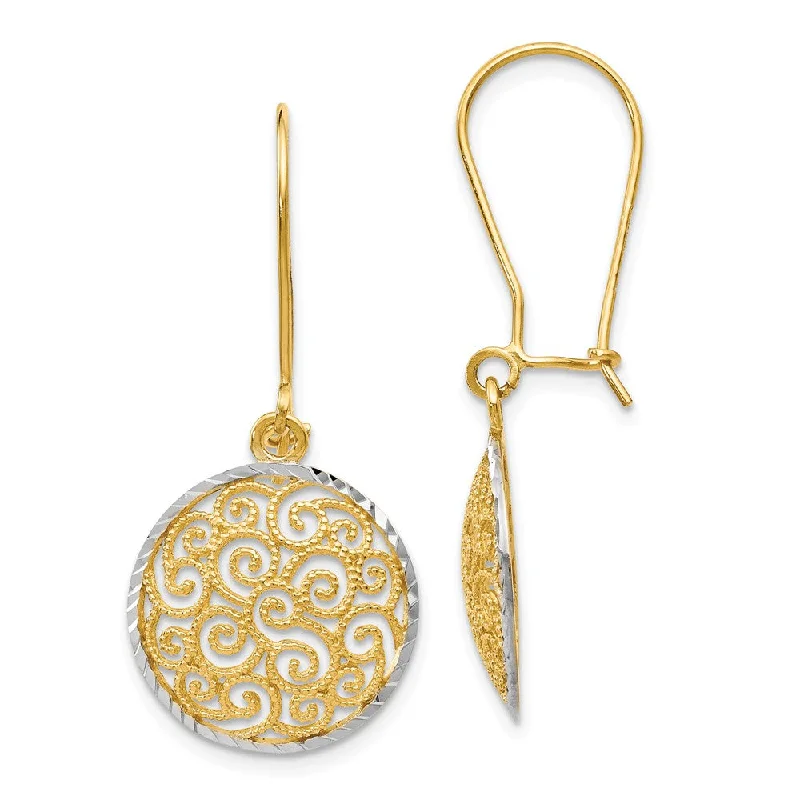 Women's earrings dainty-pearl-15mm Filigree Circle Dangle Earrings in 14k Yellow Gold & Rhodium