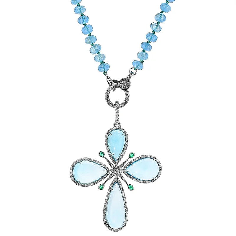 Women's necklaces festive-gem-Aquamarine Emerald & Diamond Star Cross Pendant Necklace - 32"  N0003508