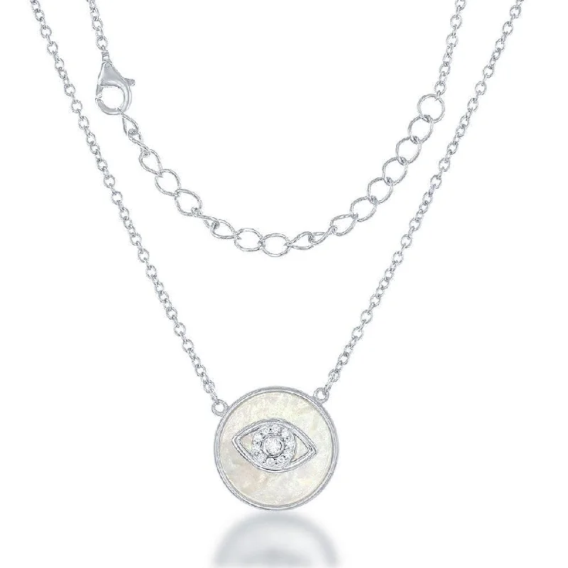 Women's necklaces iridescent-stone-Sterling Silver Round MOP CZ Evil Eye Necklace