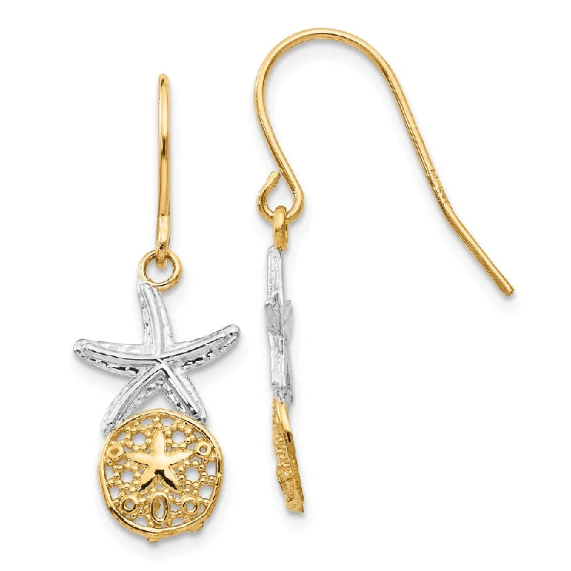 Women's earrings thin-silver-Two Tone Sand Dollar & Starfish Dangle Earrings in 14k Gold