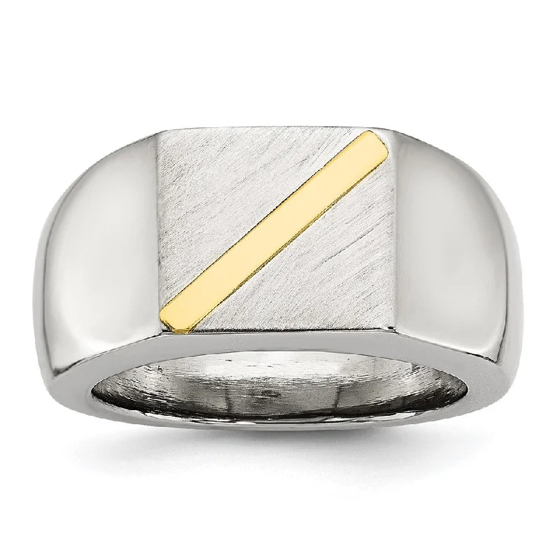 Women's rings double-band-Men's Stainless Steel & 14K Gold Accent Stripe Signet Tapered Ring