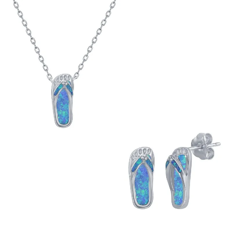 Women's necklaces floral-gold-Opalata Women's Necklace and Earrings Set - Sterling Blue Opal Flip Flop | SET-567