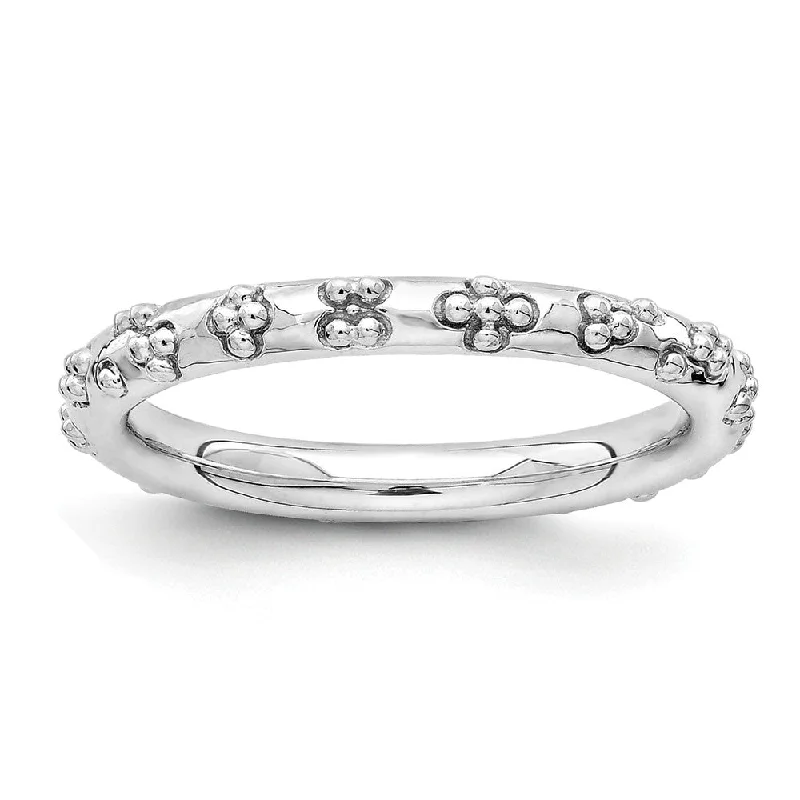 Women's rings lasting-gem-2.5mm Rhodium Plated Sterling Silver Stackable Textured Band