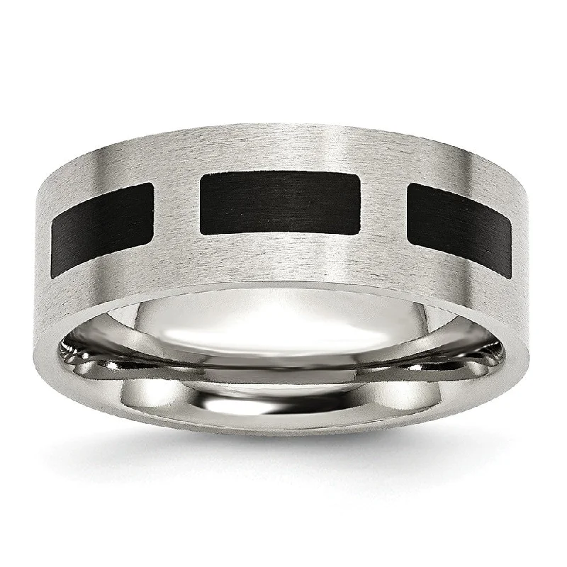 Women's rings casual-luxe-Stainless Steel & Black Rubber, 8mm Satin Standard Fit Band