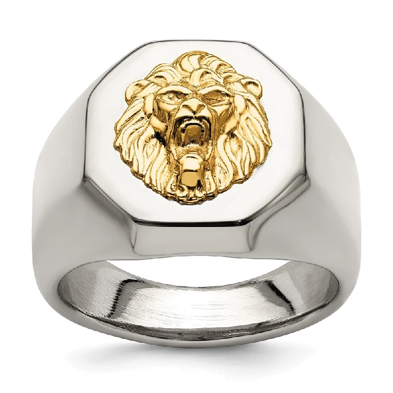 Women's rings gala-gem-Men's 18mm Stainless Steel & 14K Gold Accent Lion Head Tapered Ring