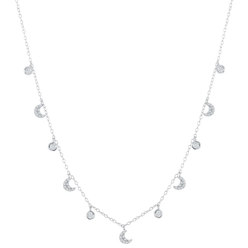 Women's necklaces delicate-stone-Classic Women's Necklace - Sterling Silver Station Round & Crescent Moon CZ | M-6809