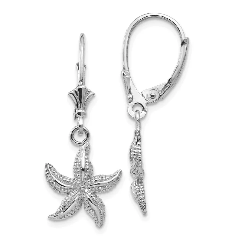 Women's earrings subtle-drop-12mm Textured Starfish Lever Back Earrings in 14k White Gold