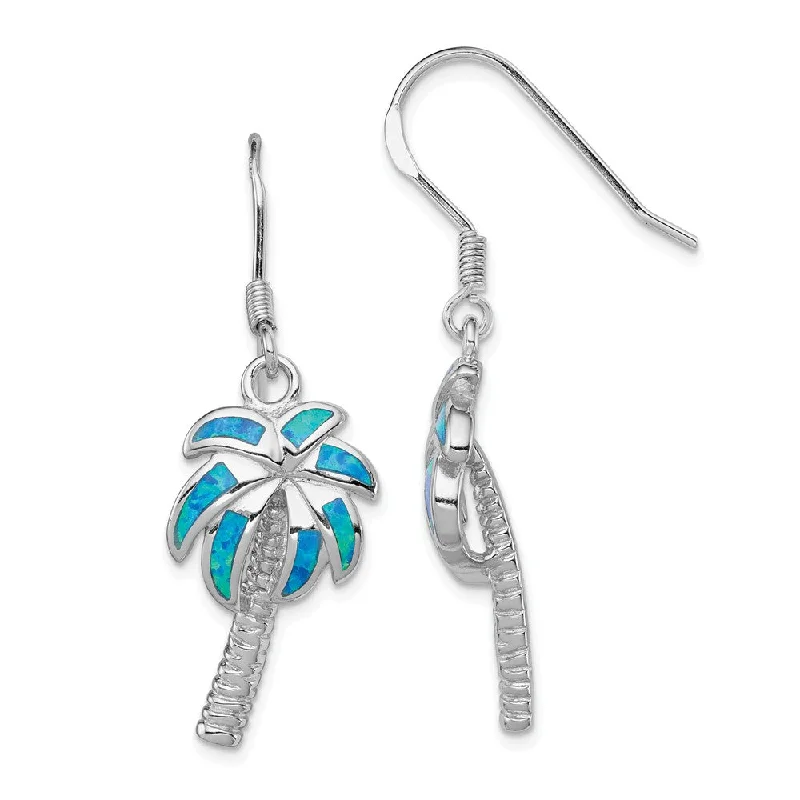 Women's earrings polished-gold-Created Blue Opal Inlay Palm Tree Dangle Earrings in Sterling Silver