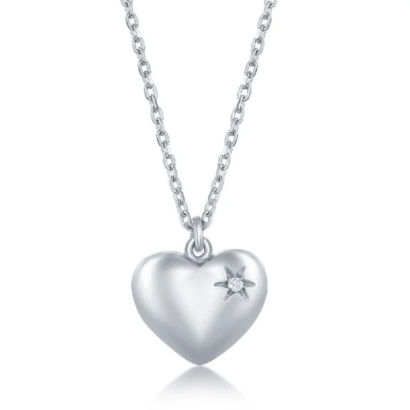 Women's necklaces whimsical-stone-Sterling Silver Diamond Puffed Heart Necklace