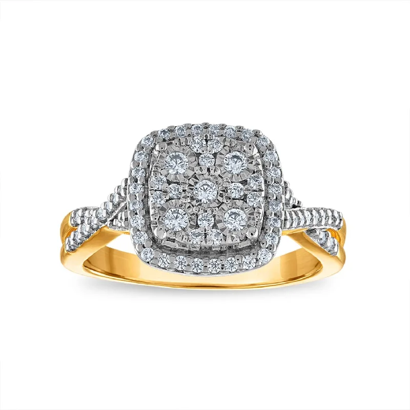 Women's engagement rings futuristic-cut-1/2 CTW Diamond Engagement Cluster Halo Cushion Shape Ring in 10KT Yellow Gold