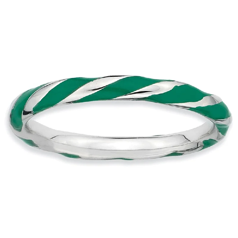 Women's rings peachy-tone-2.4mm Silver Twisted Green Enameled Stackable Band