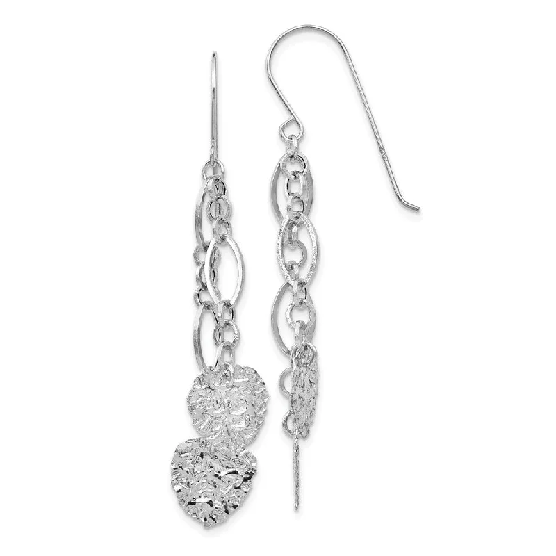 Women's earrings delicate-twist-Double Hammered Heart and Chain Dangle Earrings in 14k White Gold