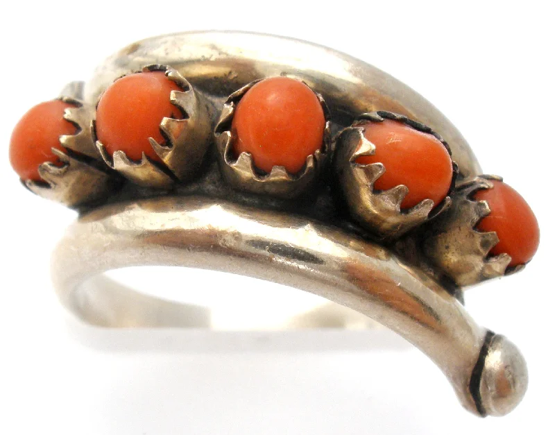 Women's rings airy-style-Red Coral Petit Point Ring Sterling Silver Vintage