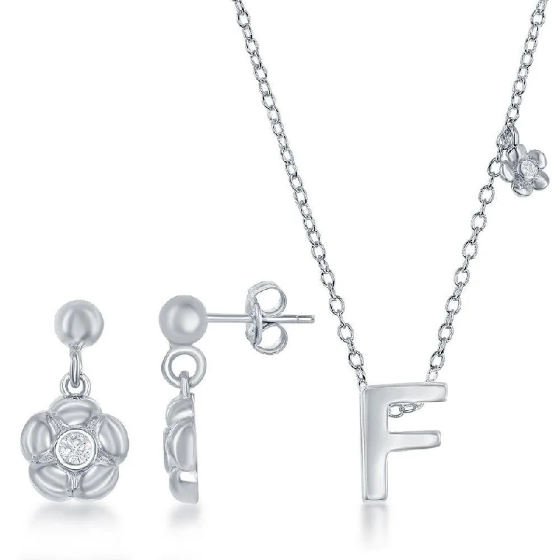 Women's necklaces soft-radiance-Sterling Silver Shiny "F" Necklace and Earrings Set