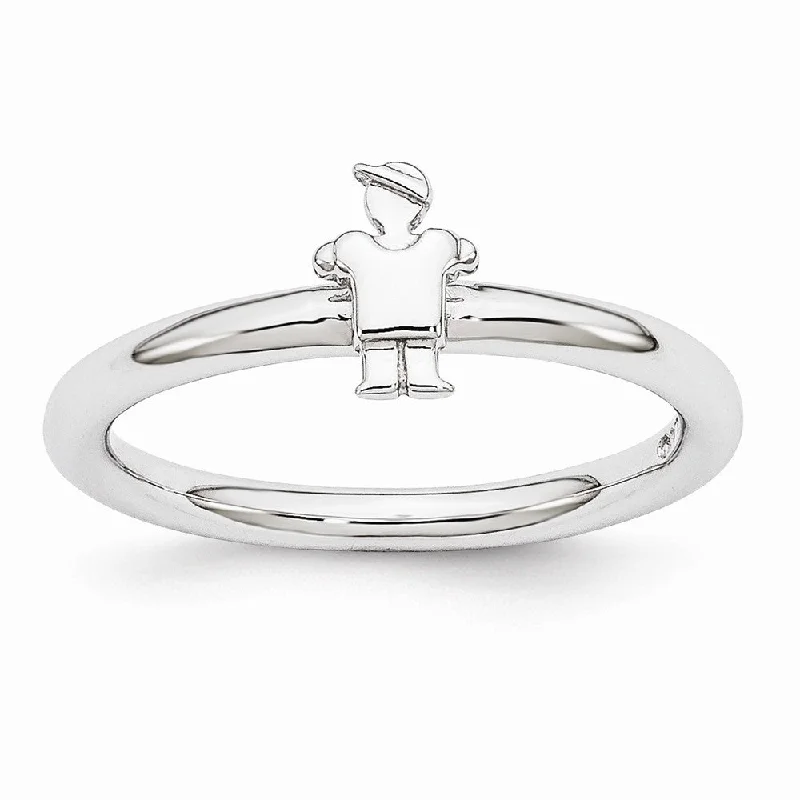 Women's rings quirky-design-Rhodium Plated Sterling Silver Stackable 7mm Polished Boy Ring