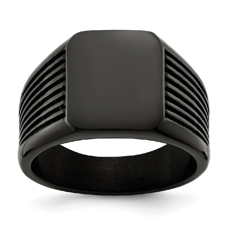 Women's rings ornate-luster-Men's 13mm Black Plated Stainless Steel Grooved Tapered Signet Ring