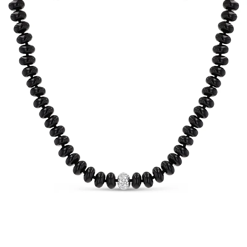 Women's necklaces Victorian-flair-Onyx Knotted Necklace with Pave Diamond Donut - 16-18"  N0003115