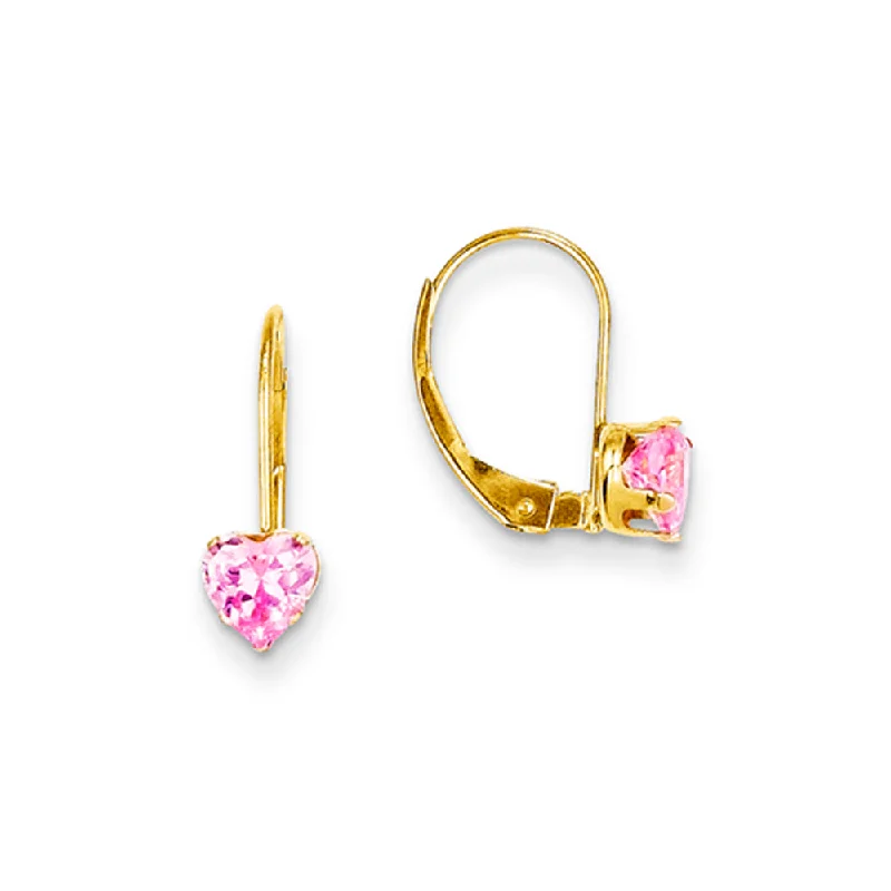 Women's earrings simple-chain-Kids 14k Yellow Gold & Pink CZ 5mm Heart Shaped Lever Back Earrings