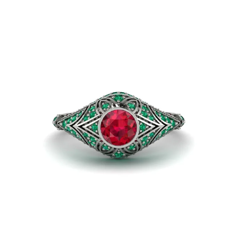 Women's engagement rings antique-halo-Ruby Bezel Vintage Filigree Engagement Ring - Kendall No. 27