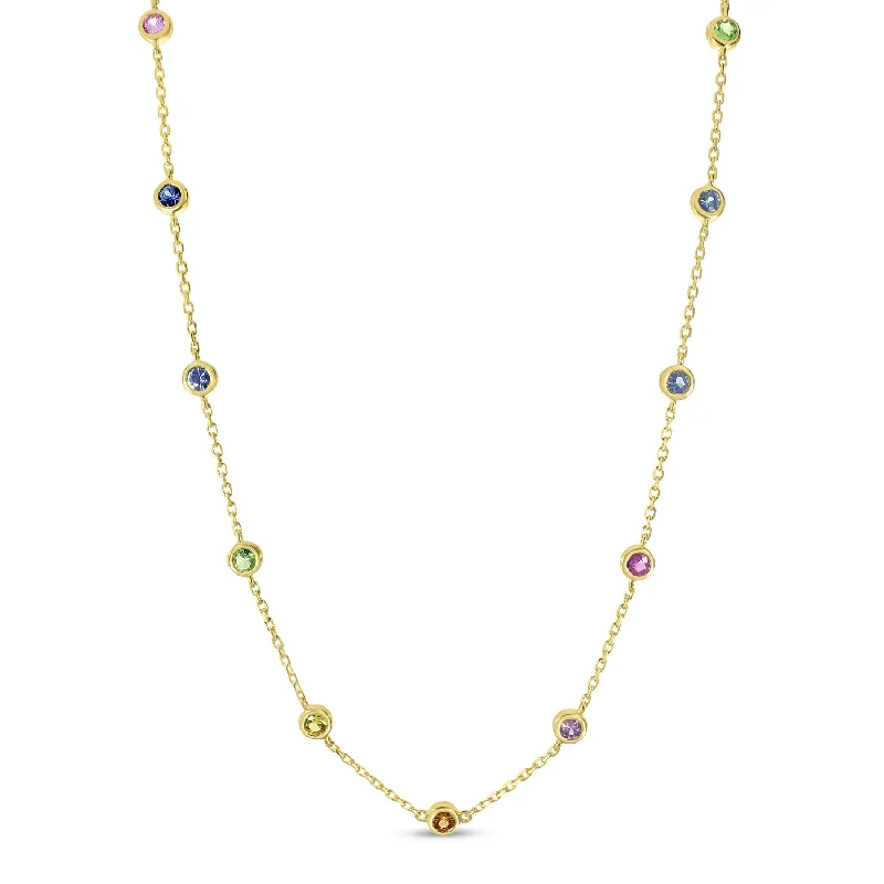 Women's necklaces satin-silver-14K Yellow Gold Bezel Set Rainbow Sapphires Necklace P4548-18