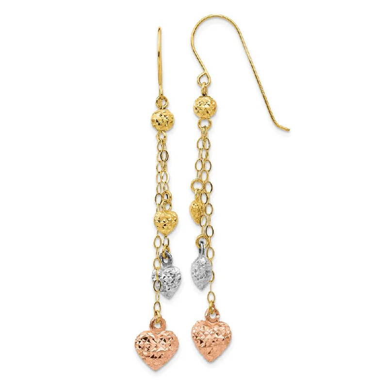 Women's earrings sleek-stud-14k Tri Color Gold, Triple Puffed Heart and Chain Dangle Earrings