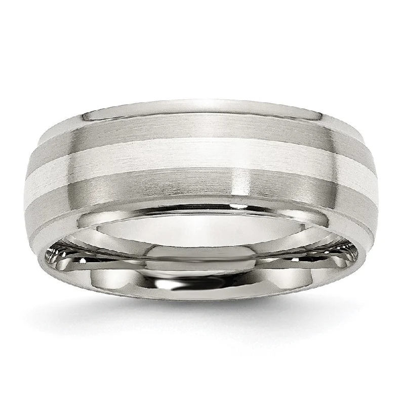 Women's rings futuristic-Mens 8mm Stainless Steel Sterling Silver Inlay Brushed Ridge Edge Band