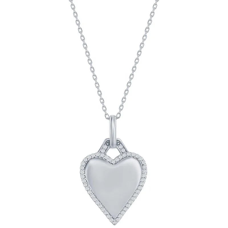 Women's necklaces soft-luxe-Classic Women's Necklace - Sterling Silver Polished Heart White CZ Border | M-7043