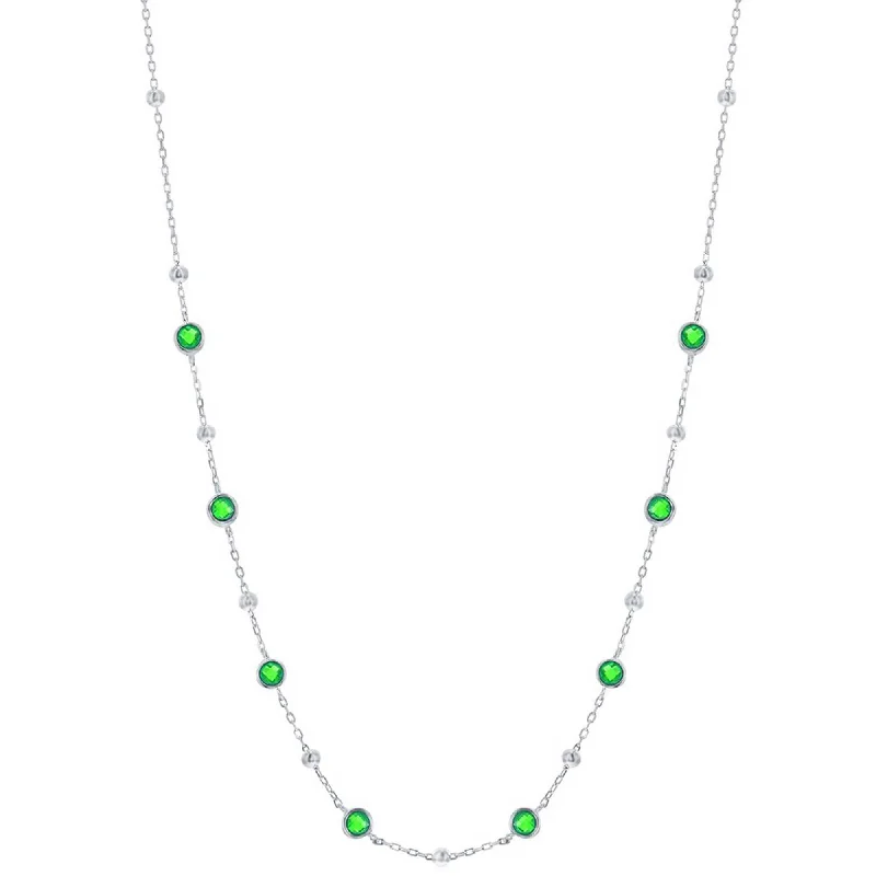 Women's necklaces flowing-pendant-Classic Women's Necklace - Silver Bezel Set Emerald CZ and Bead Station | M-7074-16