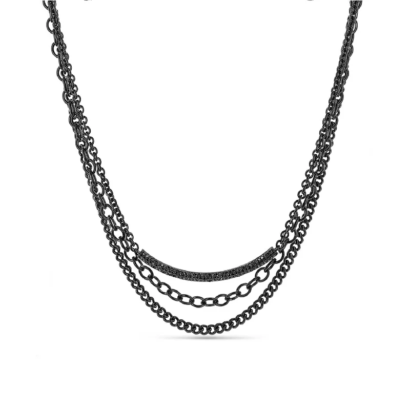 Women's necklaces radiant-charm-Black Diamond Smile Bar Triple Chain Necklace NBLK0044