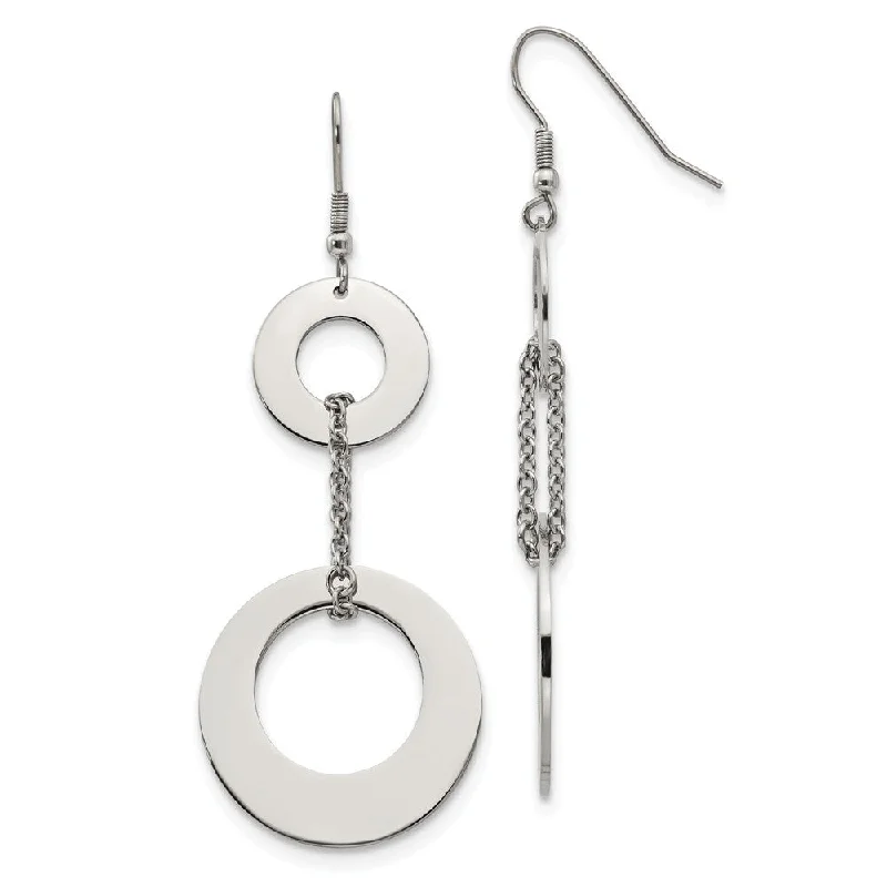 Women's earrings simple-pearl-Polished Double Circle Chain Dangle Earrings in Stainless Steel