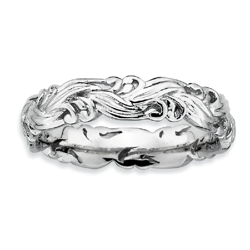 Women's rings glowing-gem-Rhodium Plated Sterling Silver Stackable Ornate Floral 4.5mm Band