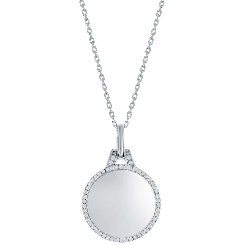 Women's necklaces filigree-pendant-Classic Women's Necklace - Sterling Silver Polished Circle with CZ Border | M-7038