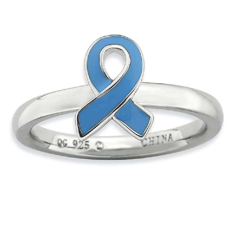 Women's rings jade-accent-Silver Stackable Blue Enamel Awareness Ribbon Ring