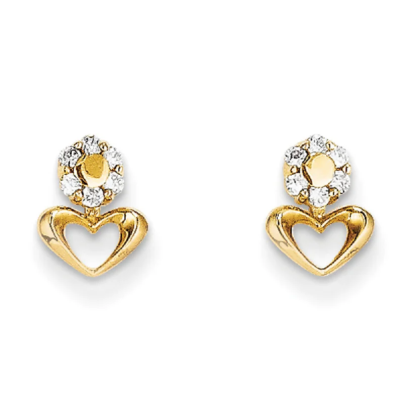 Women's earrings small-hoop-Kids Small Cubic Zirconia Halo Heart Post Earrings in 14k Yellow Gold