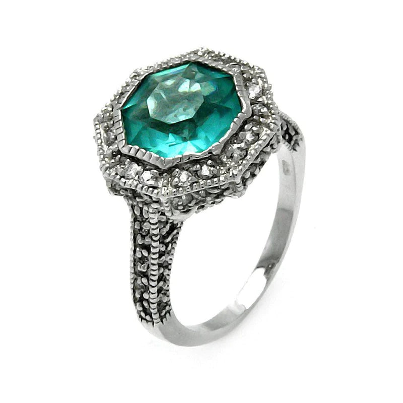 Women's rings bold-cut-stone-Silver 925 Oxidized Rhodium Plated Teal Octagon CZ Ring