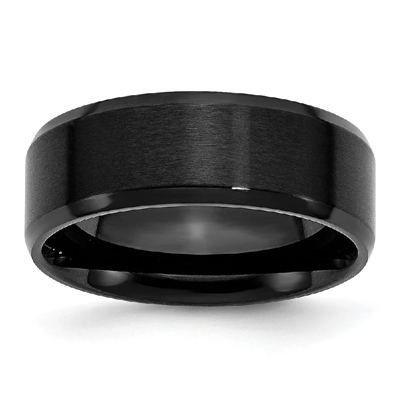 Women's rings luxe-peach-Men's 8mm Black Plated Stainless Steel Brushed & Beveled Edge Band