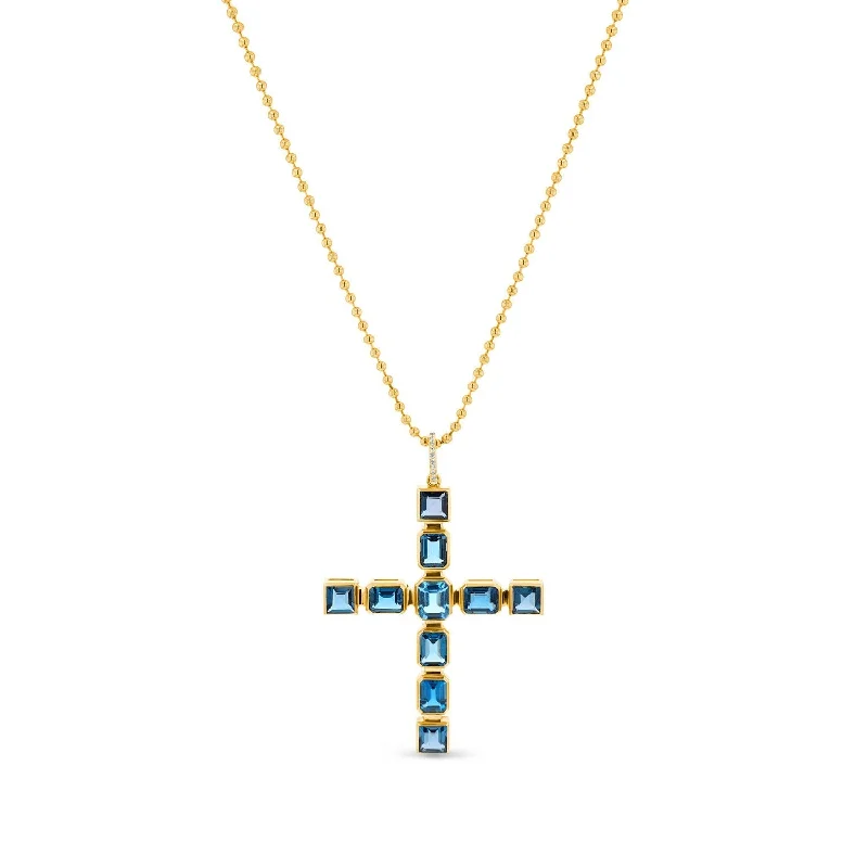 Women's necklaces ornate-chic-14k Gold and Blue Topaz Statement Cross Pendant Necklace SNG00164