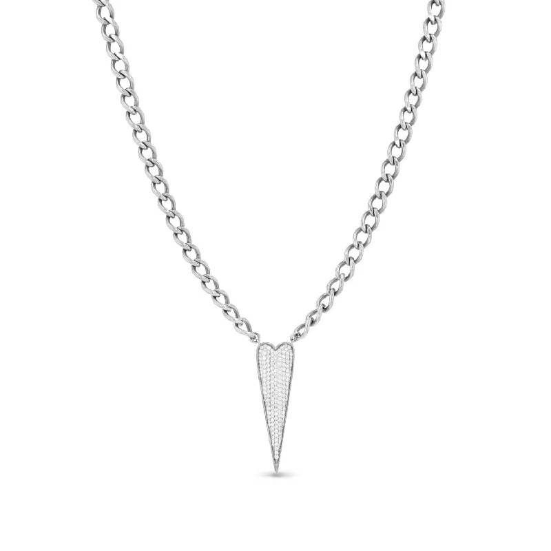 Women's necklaces soft-luxe-Elongated Pave Heart Connector on Curb Chain Necklace - 18"  N0003144