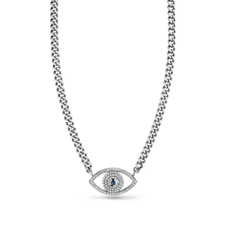 Women's necklaces twinkling-accent-Diamond and Sapphire Evil Eye on Short Chain Necklace N0000632