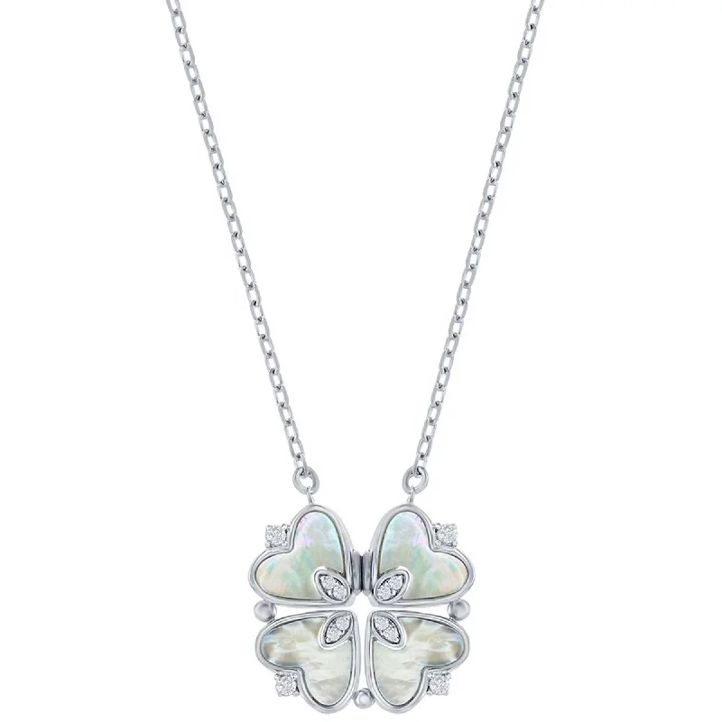 Women's necklaces coral-link-Classic Women's Necklace - Sterling Silver MOP and CZ Heart Shaped Flower | M-7095