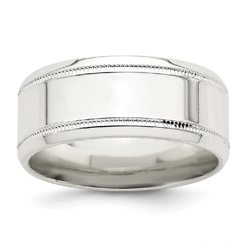 Women's rings etched-finish-8mm Sterling Silver Polished Flat Milgrain and Beveled Edge Band