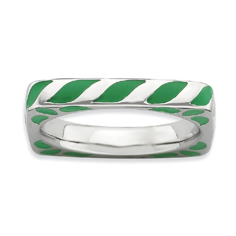 Women's rings bold-cut-stone-3.25mm Silver and Green Enamel Stackable Square Band